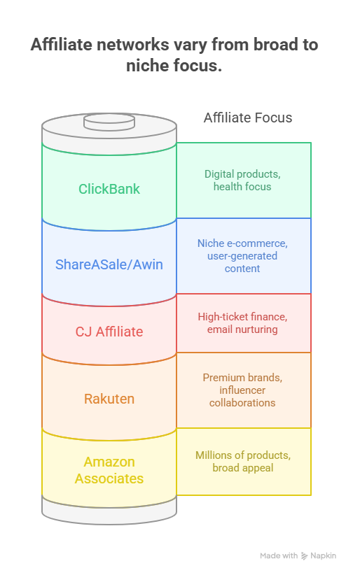 Amazon Associates vs ShareASale vs CJ Affiliate vs ClickBank vs Rakuten